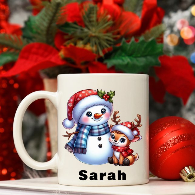 Mug Noël personnalisé Snowman & Reindeer (Personalized Snowman & Reindeer Christmas Coffee Mug)