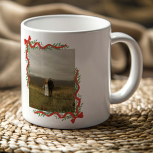 Mug Noël Photo Élégant Ruban Rouge avec Verdure