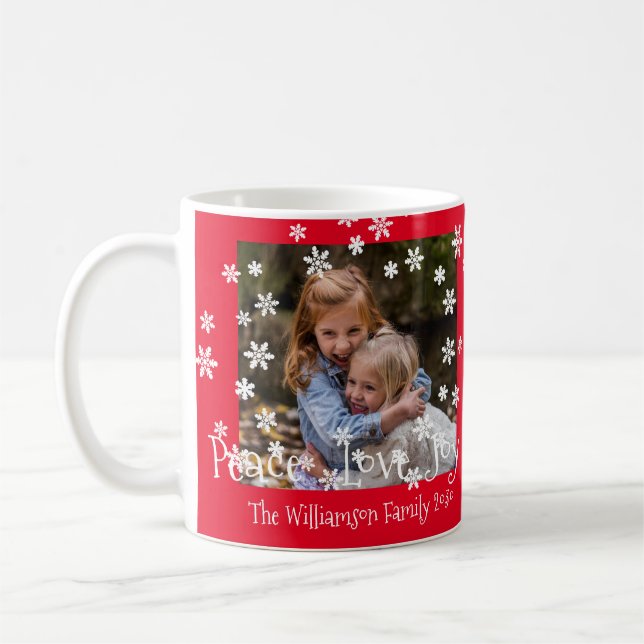 Mug Noël Photo rouge blanc Flocon de neige Année Famil (Gauche)
