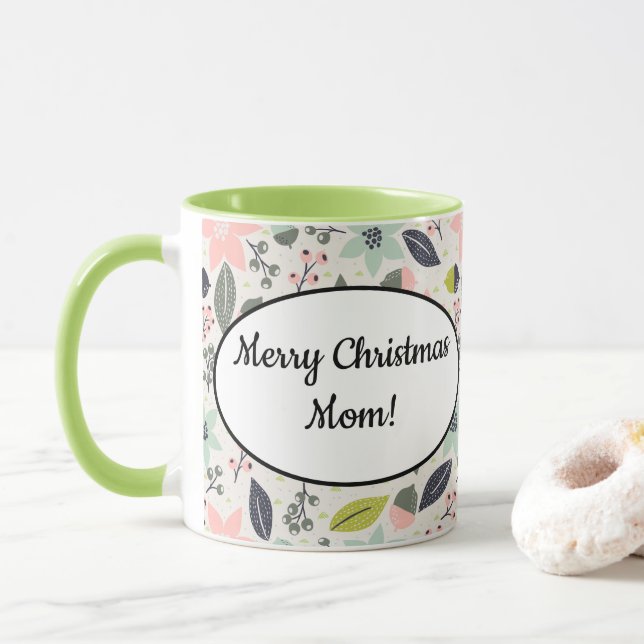 Mug Noël Poinsettia Acorns Gris Aqua Lime Vert (Avec donut)
