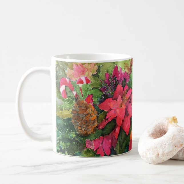 Mug Noel Poinsettia peinture aquarelle originale (Avec donut)