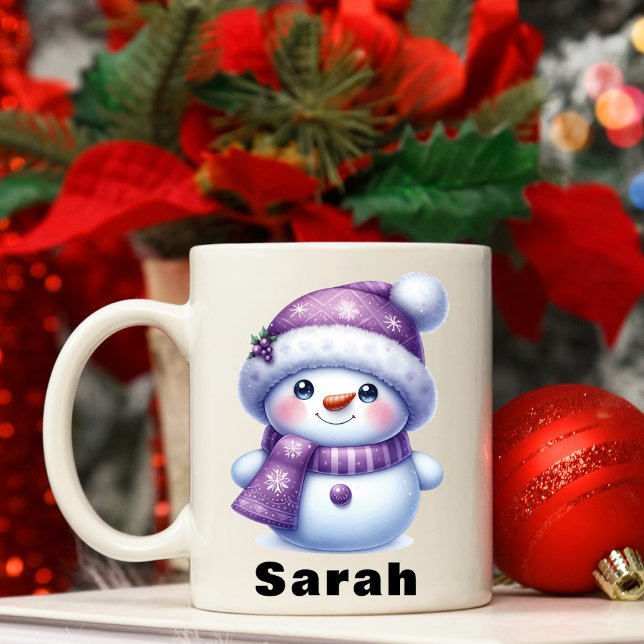Mug Noël Purple Snowman Nom personnalisé (Christmas Purple Snowman Custom Name Coffee Mug)
