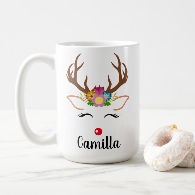 Mug Noël Reindeer nez rouge floral grenier (Avec donut)