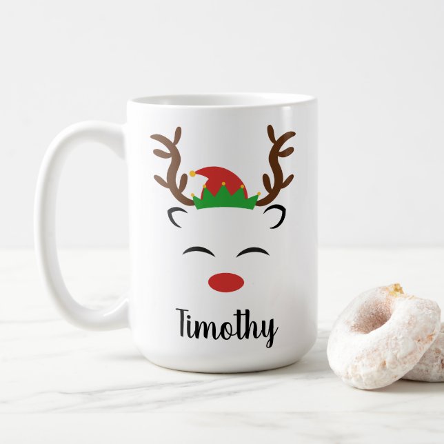 Mug Noël Reindeer rouge nez elf casquette personnalisé (Avec donut)