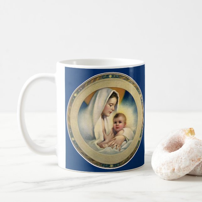 Mug Noël religieux vintage, Vierge et Enfant (Avec donut)