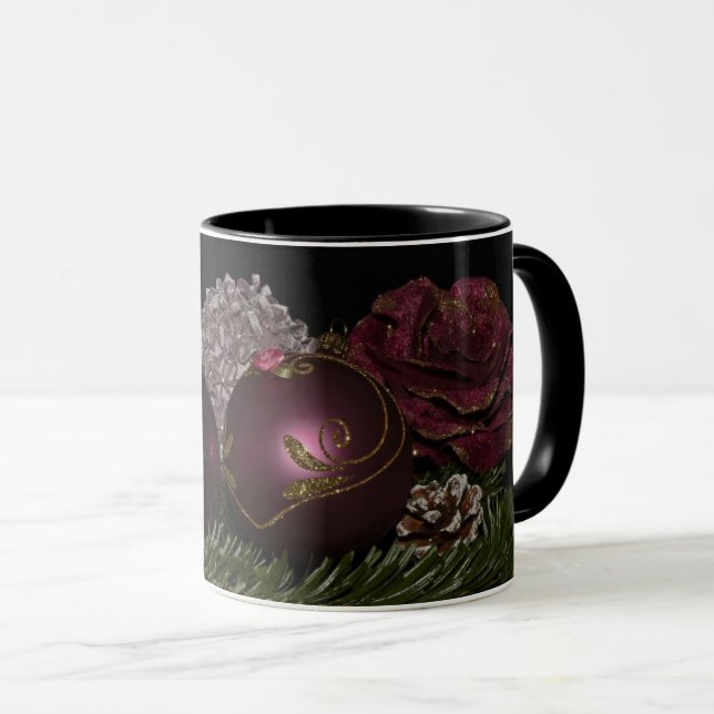 Mug Noël rose marron ornements Floral noir (Devant droit)