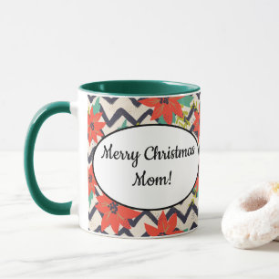 Mug Noël Rouge Poinsettia noir et blanc Chevron
