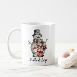 Mug Noël Russe Snowman Deer Rabbit Art Rouge Vert