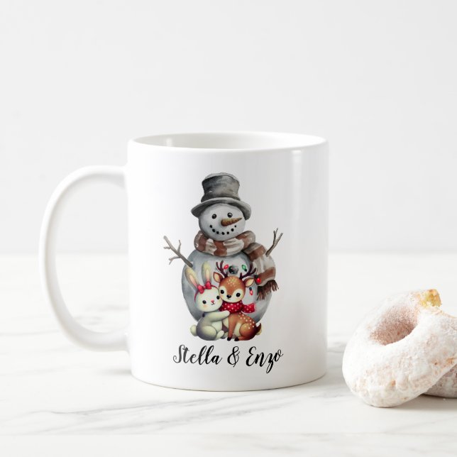 Mug Noël Russe Snowman Deer Rabbit Art Rouge Vert (Avec donut)