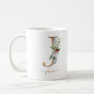 Mug Noel rustique Holly Red Berries Monogramme d'or J