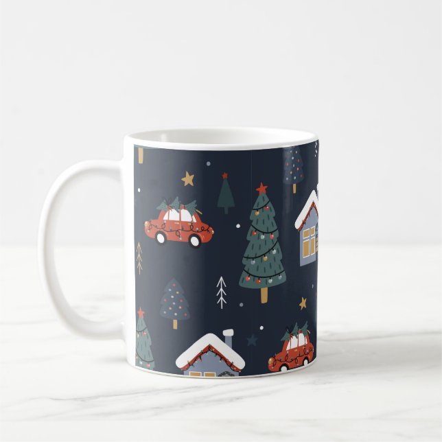 Mug Noël sans couture motif avec arbre de Noël, voitur (Gauche)