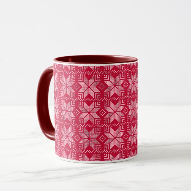 Mug Noël, Scandinave, rouge, blanc, flocons de neige (Devant gauche)