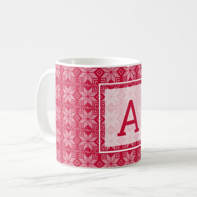 Mug Noël, scandinave, rouge, blanc, flocons de neige, (Devant gauche)