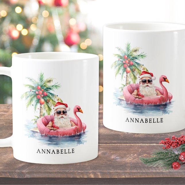 Mug Noël sur la plage de Santa (Funny Santa Flamingo Tropical Beach Christmas Coffee Mug)