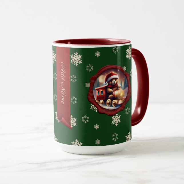 Mug Noël Teddy Train personnalisé Bannière verte (Devant droit)