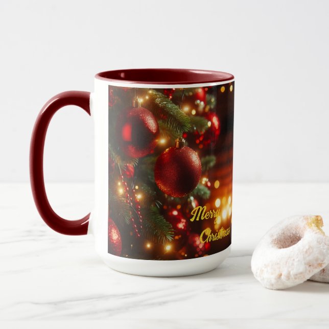 Mug Noël Vacances Vintage Rouge Ornements (Avec donut)