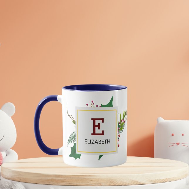 Mug Noël Vert Élégant Rouge Monogramme Bleu (Créateur téléchargé)