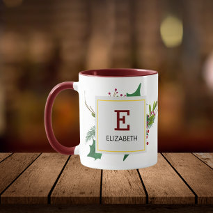 Mug Noël Vert Élégant Rouge Monogramme Maroon