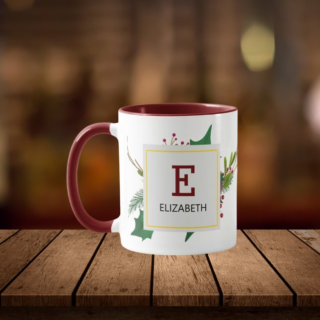 Mug Noël Vert Élégant Rouge Monogramme Maroon (Créateur téléchargé)