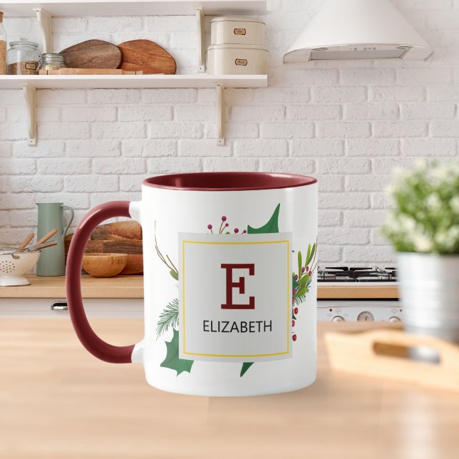 Mug Noël Vert Élégant Rouge Monogramme Maroon (Créateur téléchargé)