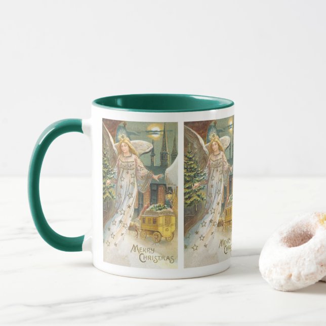 Mug Noël vintage, Ange victorien avec arbre (Avec donut)