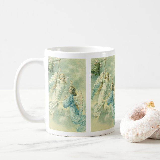 Mug Noël vintage, Anges victoriens avec cloche (Avec donut)