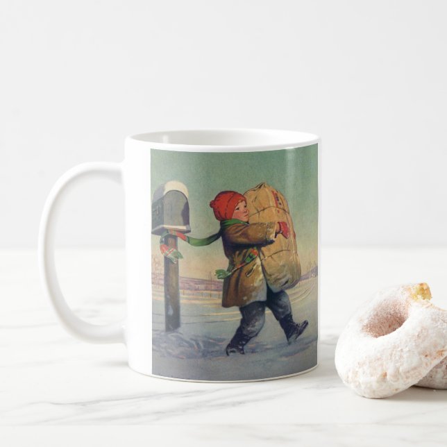 Mug Noël Vintage, Enfant avec Gros Colis (Avec donut)