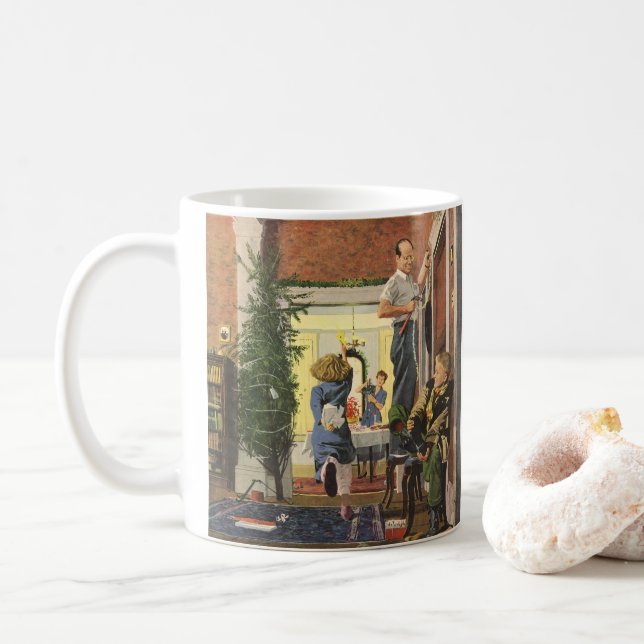 Mug Noël vintage, famille décorant la maison (Avec donut)