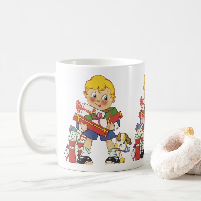 Mug Noël vintage, garçon avec cadeaux et chiot (Avec donut)