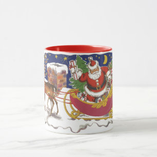 Mug Noël vintage, joyeux Père Noël avec traîneau