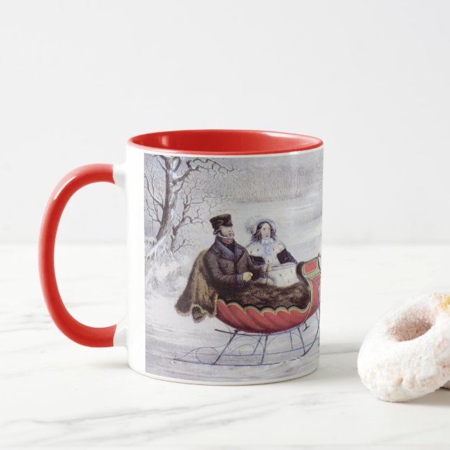 Mug Noël Vintage, La Route Hiver, Cheval Sleigh (Avec donut)