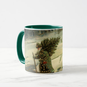 Mug Noël vintage, le Père Noël porte un arbre