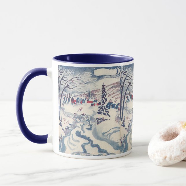 Mug Noël vintage, paysage enneigé avec village d'hiver (Avec donut)