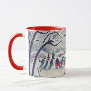 Mug Noël vintage, paysage hivernal de village enneigé
