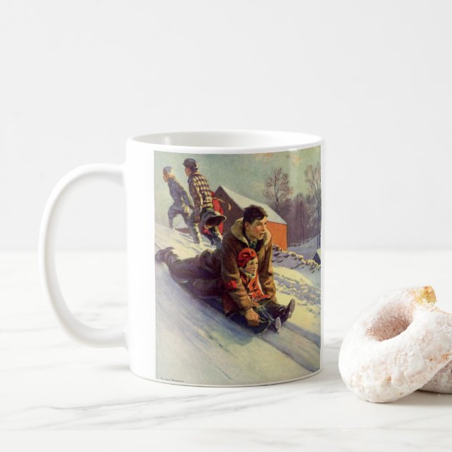 Mug Noël vintage, père et fille en traîneau (Avec donut)