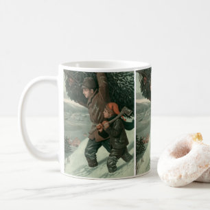 Mug Noël vintage, père et fils coupent un arbre