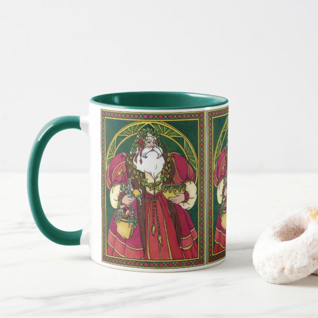 Mug Noël Vintage, Père Noël avec Feuilles Holly (Avec donut)