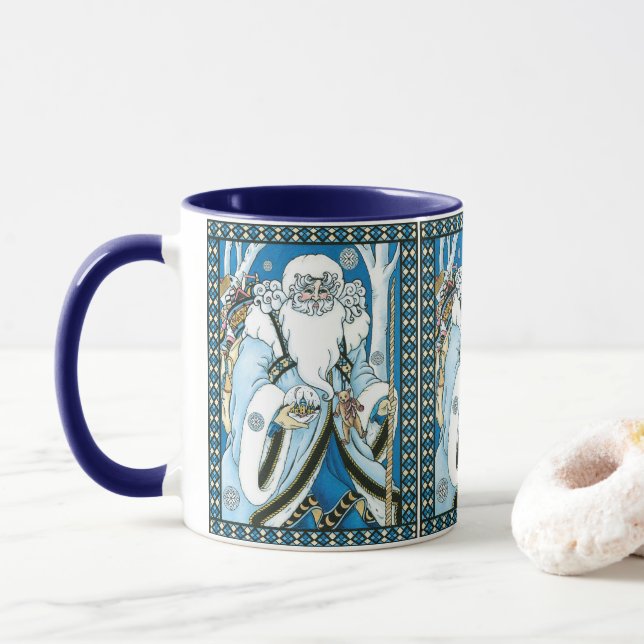 Mug Noël Vintage, Père Noël Bleu avec Snowglobe (Avec donut)
