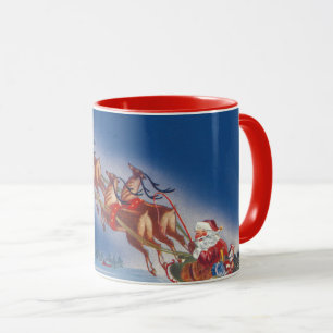 Mug Noël Vintage, Père Noël Flying Sleigh w Reindeer