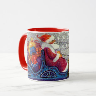 Mug Noël vintage, Père Noël traîneau ouvert cheval