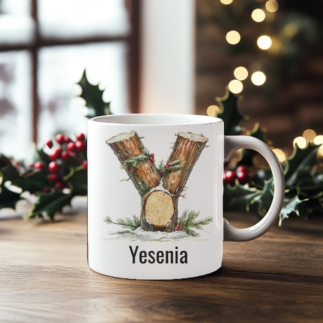 Mug Noël Y Monogramme Bois Personnalisé (Personalized Woodland Log Monogram Y Christmas Coffee Mug)