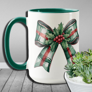 Mug Noeud de Noël Coquette Feuilles de Houx Plaid Tart