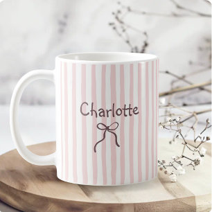 Mug Nœud Rayé Mignon Coquette Nom Personnalisé
