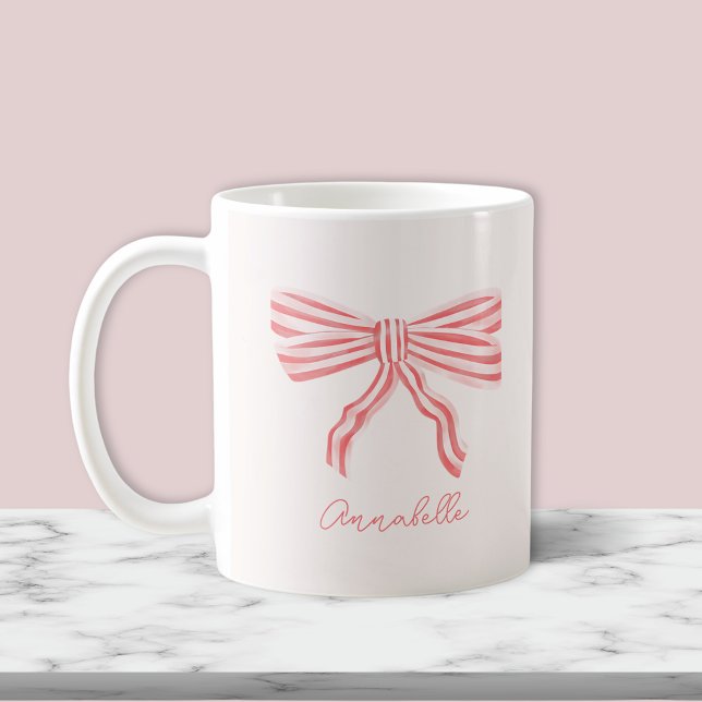 Mug Nœud rose blush & prénom (Blush pink striped bow mug with script name or choice of text.)