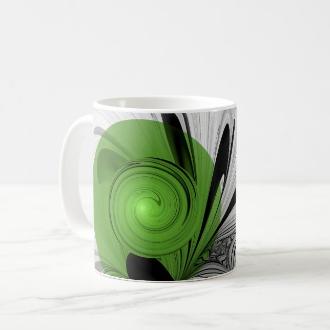 Mug Noir Abstrait et blanc avec art fractal vert (Devant gauche)