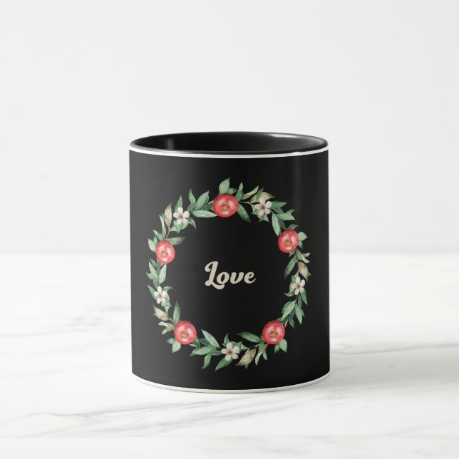 Mug noir avec grenade rose Wreath-Love Print (Centre)