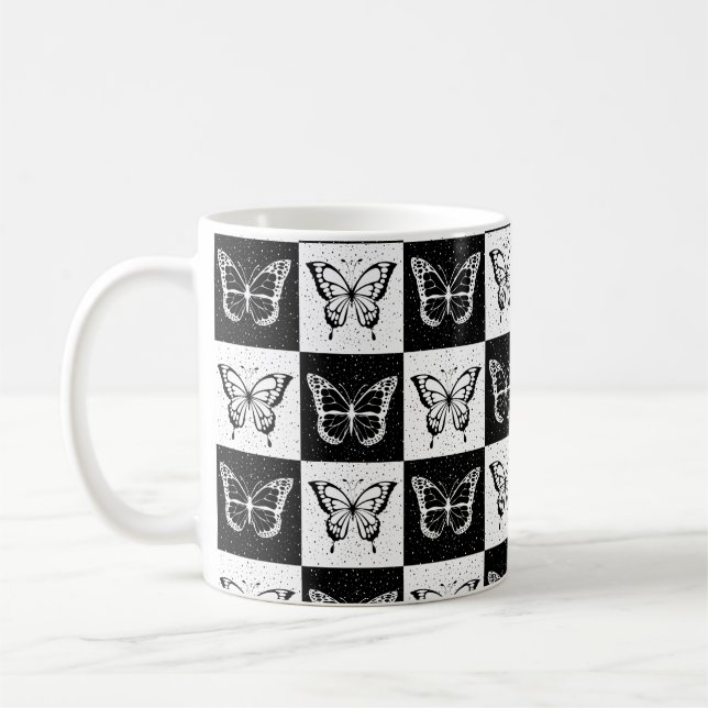 Mug Noir blanc À damiers conception papillon (Gauche)