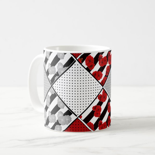Mug Noir blanc avec patchwork rétro rouge (Devant gauche)