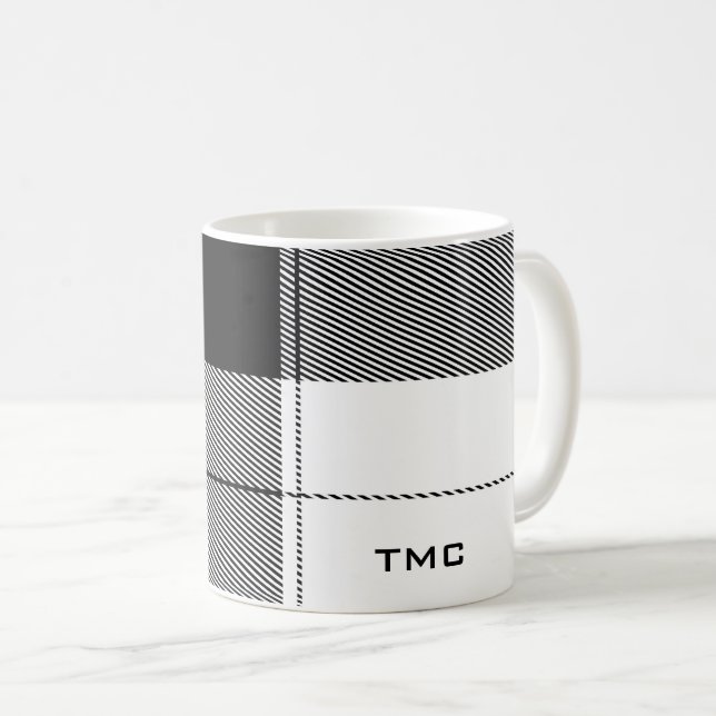 Mug Noir Blanc Classic Plaid Initiales Moderne Preppy (Devant droit)