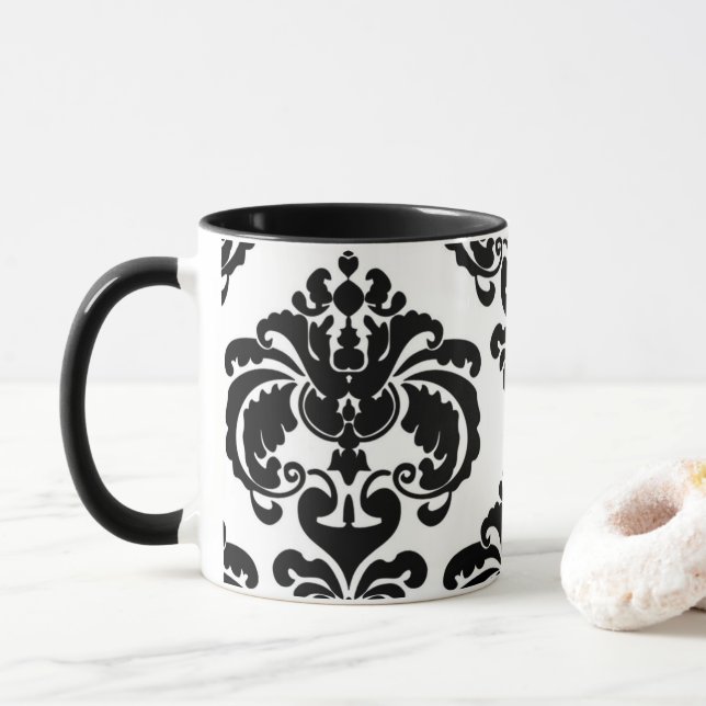 Mug Noir & Blanc Elegant Chic Damask Motif (Avec donut)